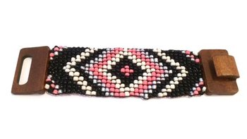 Bransoletka Ibiza styl aztecki drewniane zapięcie różowo-czarna (1 szt.)