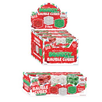SQUEEZY GLITTER BAUBLE CUBES - Z BROKATEM - ZESTAW 3 KOSTEK - Z WYPEŁNIENIEM SUGAR - W DISPLAYU (6 ZEST.)