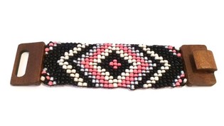Bransoletka Ibiza styl aztecki drewniane zapięcie różowo-czarna (1 szt.)